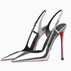 New silver patent leather flat buckle sandals with pointed edges and slim heels, stylish and stylish, worn in the backless style