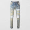 Designer High Street Fashion New Light Blue Men's Jeans Stretch Slimming White Leather Patch Hip Hop Brand Pants HombreY2K