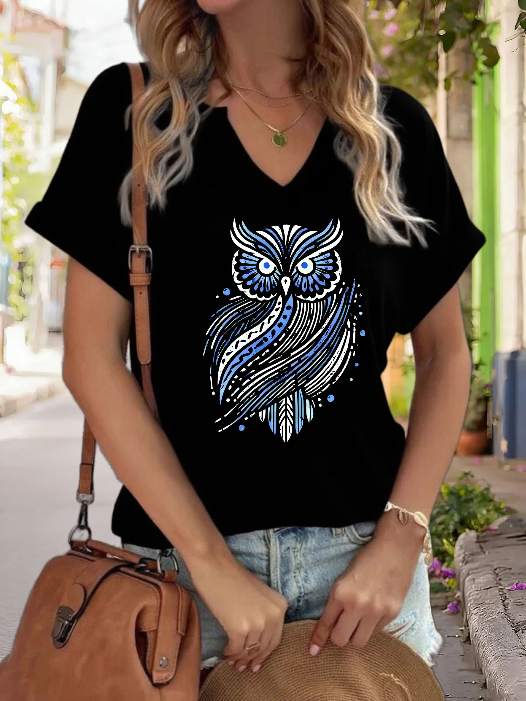 Women's V-Neck "Golden Tribal Owl" Graphic Tee, Boho Animal Print, Casual Short Sleeve Bohemian Top, Soft Cotton Daily Wear