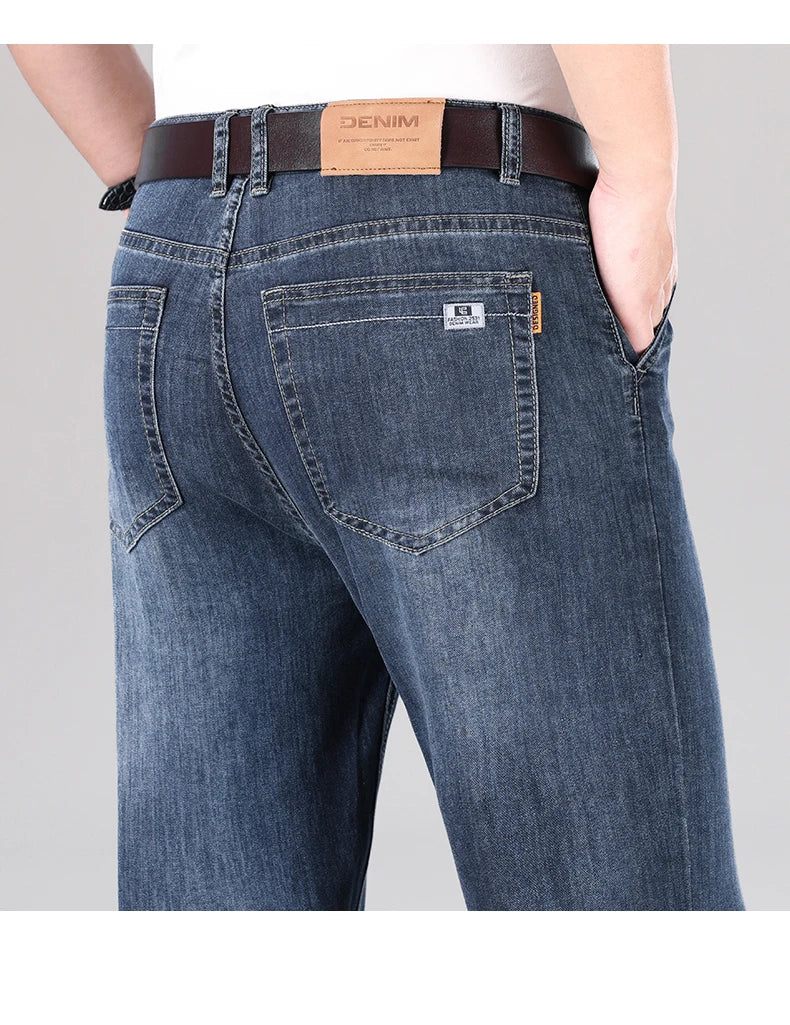 2026 Summer Brand Men's New Straight Leg Loose Lightweight Denim Jeans Classic Badge Business Casual Stretch Thin Retro Pants