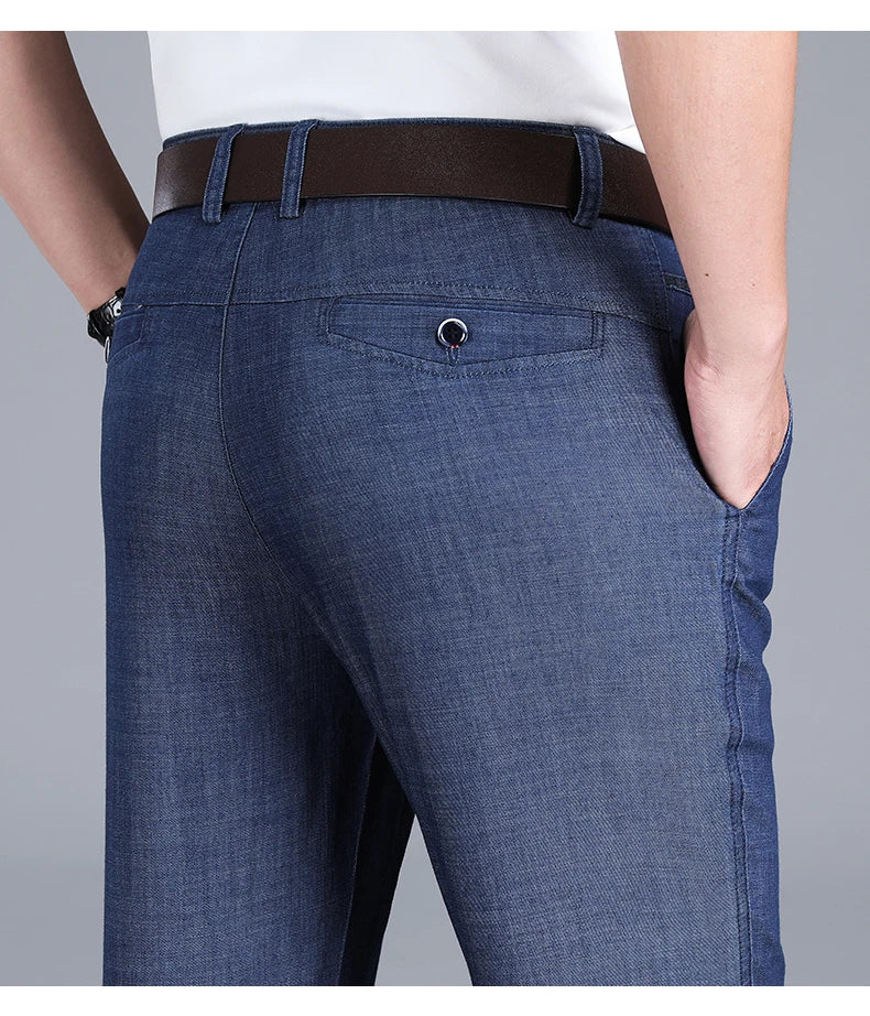 2024 New Men's Summer Thin Jeans Loose Stretch Large Size Ice Silk Straight Pants Elite Business Casual Pants Smoke Gray Blue