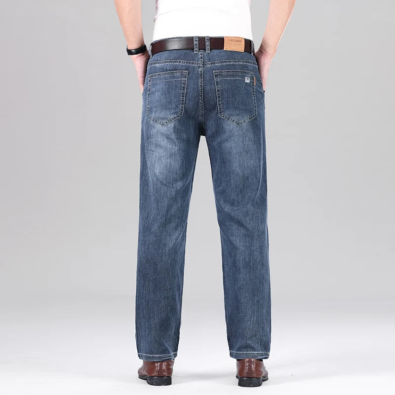 2026 Summer Brand Men's New Straight Leg Loose Lightweight Denim Jeans Classic Badge Business Casual Stretch Thin Retro Pants