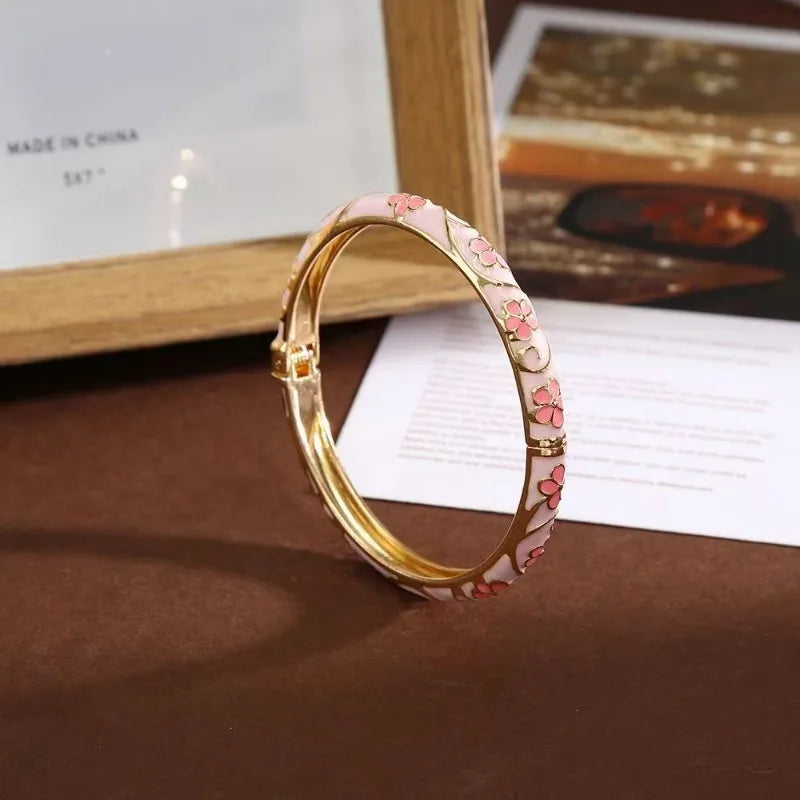 Colorful Enamel Floral Bangle Bracelet Retro Gold-Tone Open Cuff, Elegant Dainty Jewelry For Women Gifts