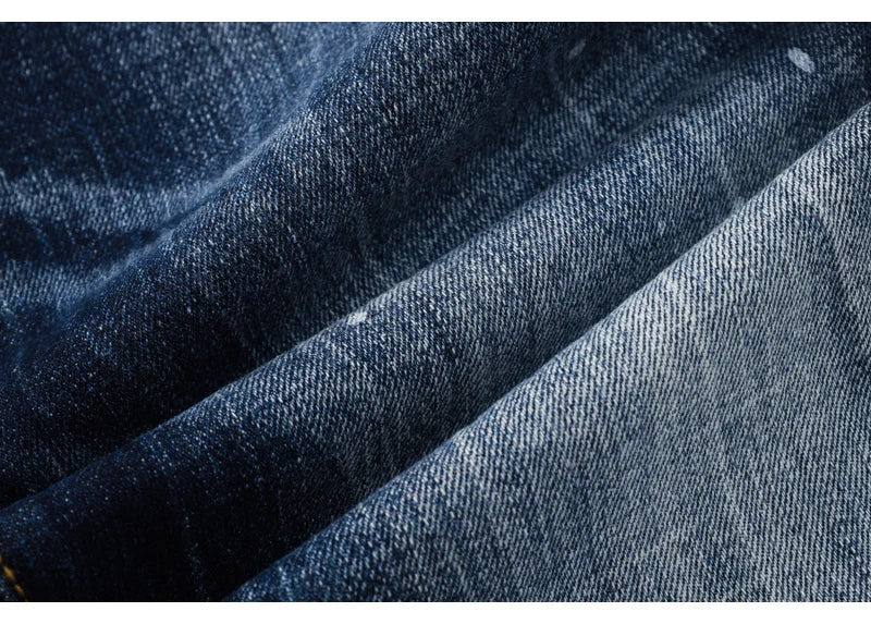 Designer Fashion New Men's Jeans Wrinkle Paint Dots Wrinkle Wash Nostalgic Stretch Slimming Blue Jeans High Street Hip Hop Brand