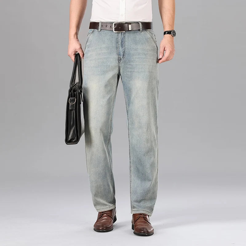 2026 Summer Brand Men's New Straight Leg Loose Lightweight Denim Jeans Classic Badge Business Casual Stretch Thin Retro Pants