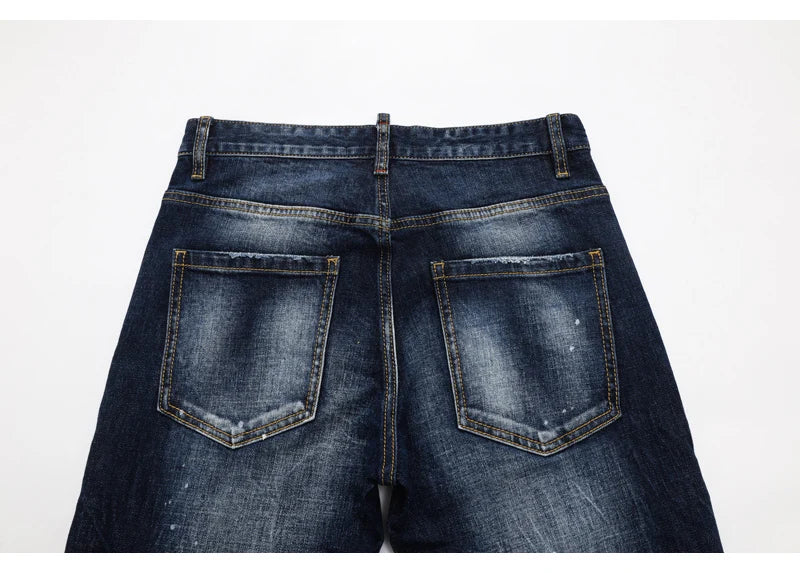 Designer Fashion New Men's Jeans Wrinkle Paint Dots Wrinkle Wash Nostalgic Stretch Slimming Blue Jeans High Street Hip Hop Brand