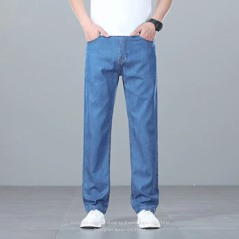 Brand Clothing Summer Lyocell Ultra-thin Men's Jeans Business Straight Denim Pants Cool Ice Silk Casual Trousers Man Plus Size