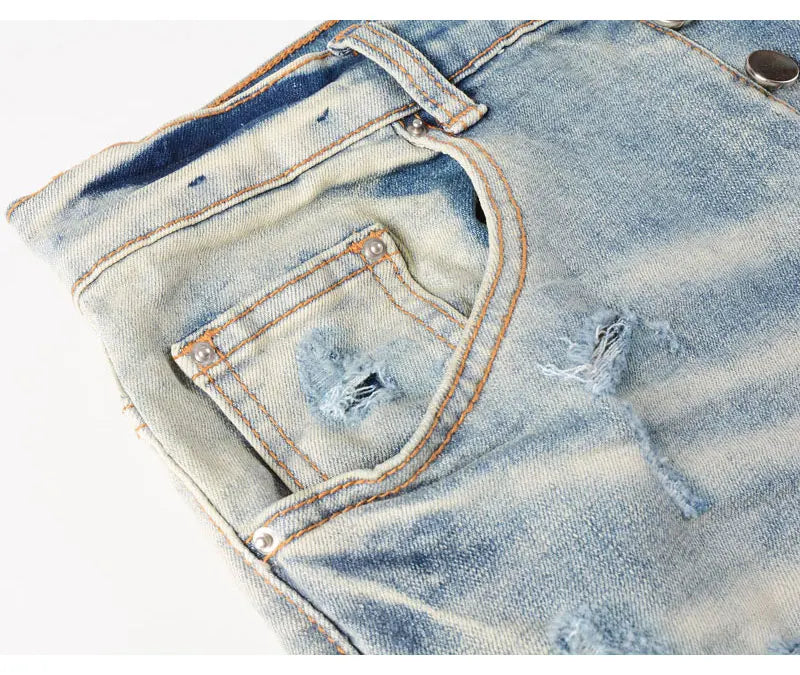 Designer High Street Fashion New Light Blue Men's Jeans Stretch Slimming White Leather Patch Hip Hop Brand Pants HombreY2K