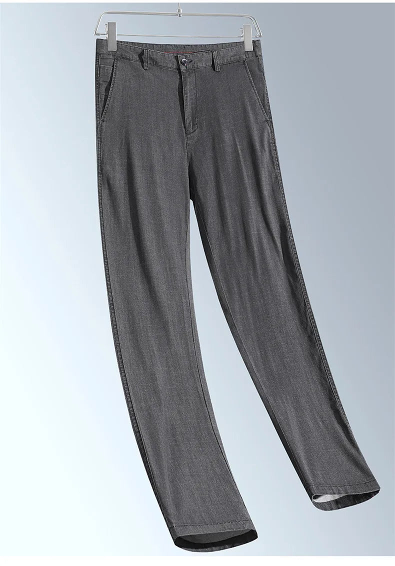 2024 New Men's Summer Thin Jeans Loose Stretch Large Size Ice Silk Straight Pants Elite Business Casual Pants Smoke Gray Blue