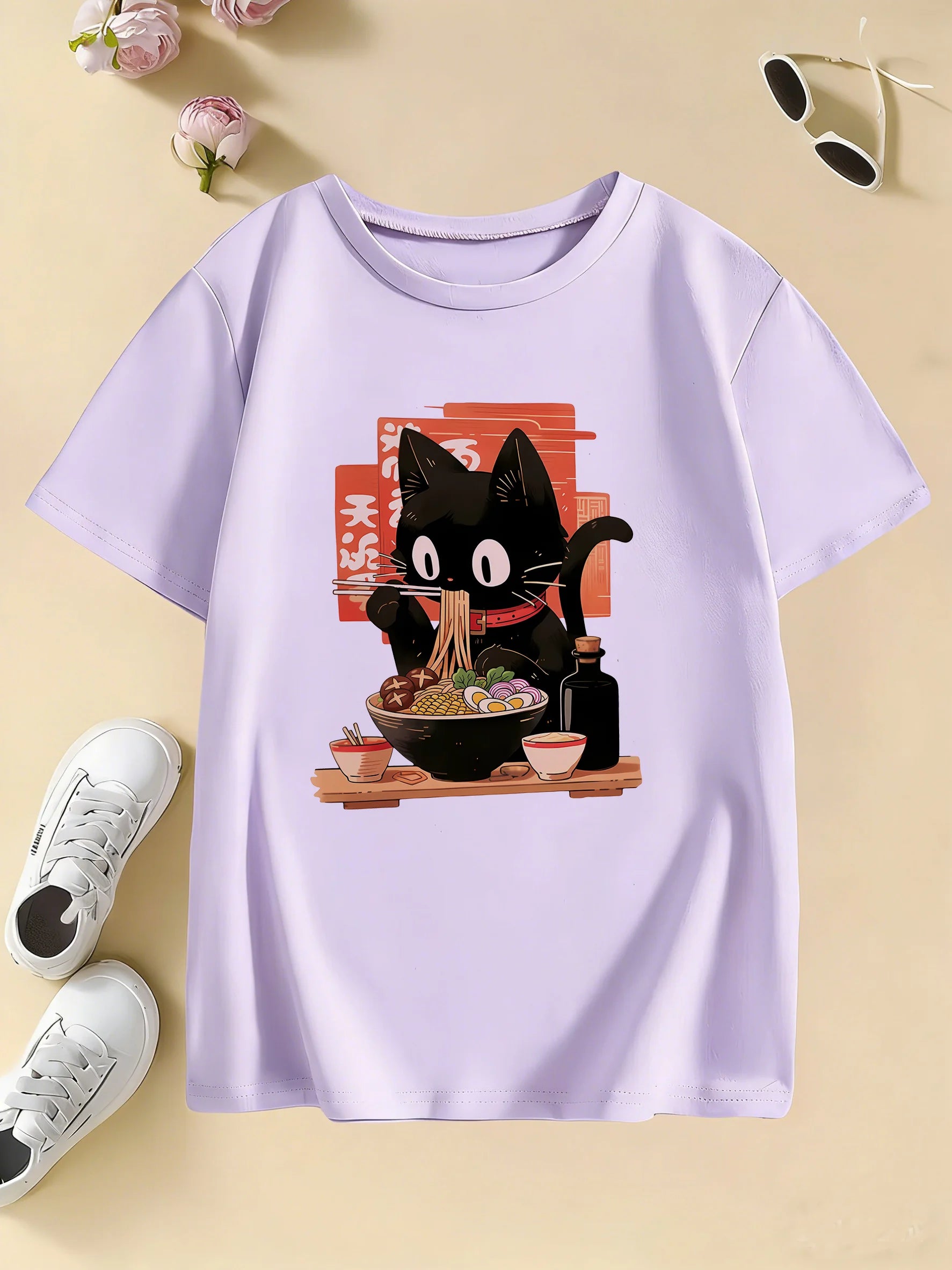 Cat Eat Ramen Kawaii Design Prined  T Shirts Manga Kids Children's T-shirt Boys Girls Summer Spring Casual Top Tee