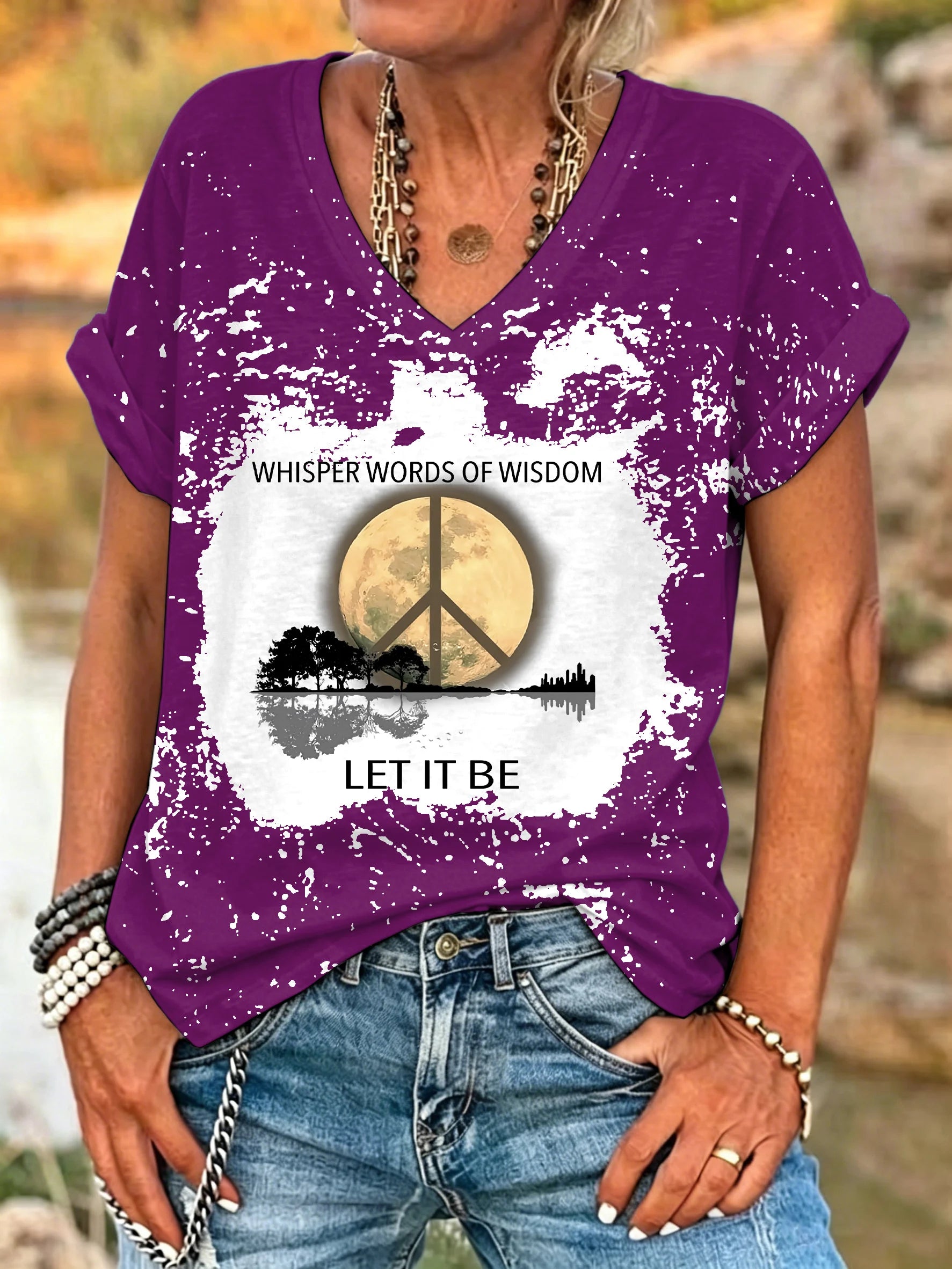 ilstile Women's What A Wonderful World Life Tree Bleached T-Shirt Boho Hippie Print V-Neck Short Sleeve Loose Casual Top