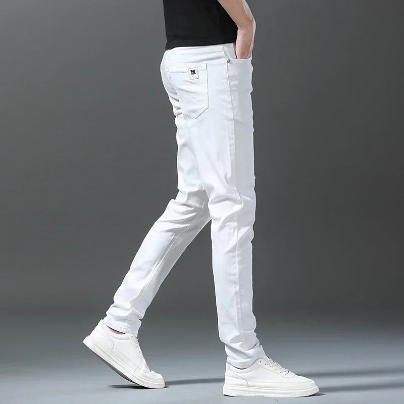 2025 Spring Summer New 98%Cotton Men's Slim Jeans Straight Casual Fashion Pencil Pants High Quality Trousers Male Clothes White