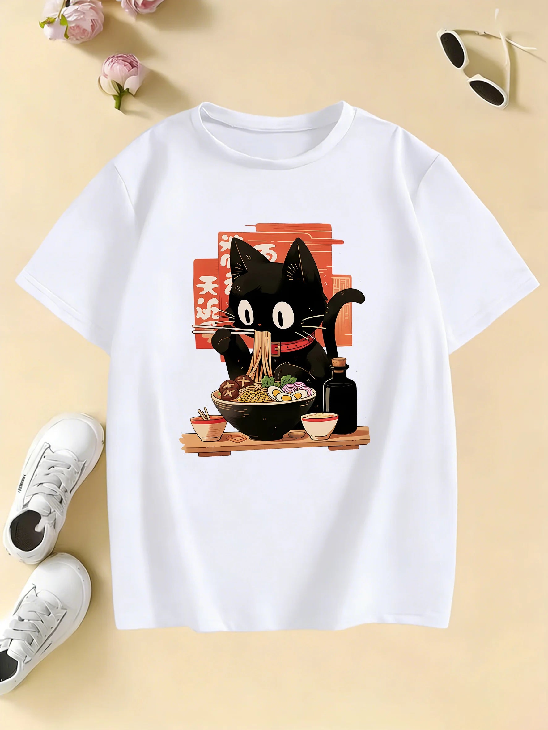 Cat Eat Ramen Kawaii Design Prined  T Shirts Manga Kids Children's T-shirt Boys Girls Summer Spring Casual Top Tee