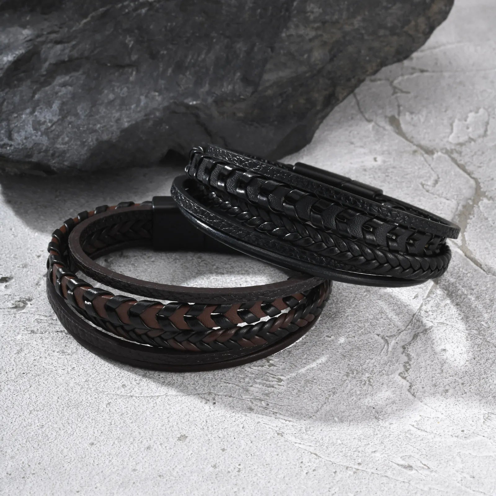 Multi Layer Braided Rope Bracelets for Men,Classic Handmade PU Leather Wristband with Magnetic Buckle,Trendy Punk Jewelry Gift