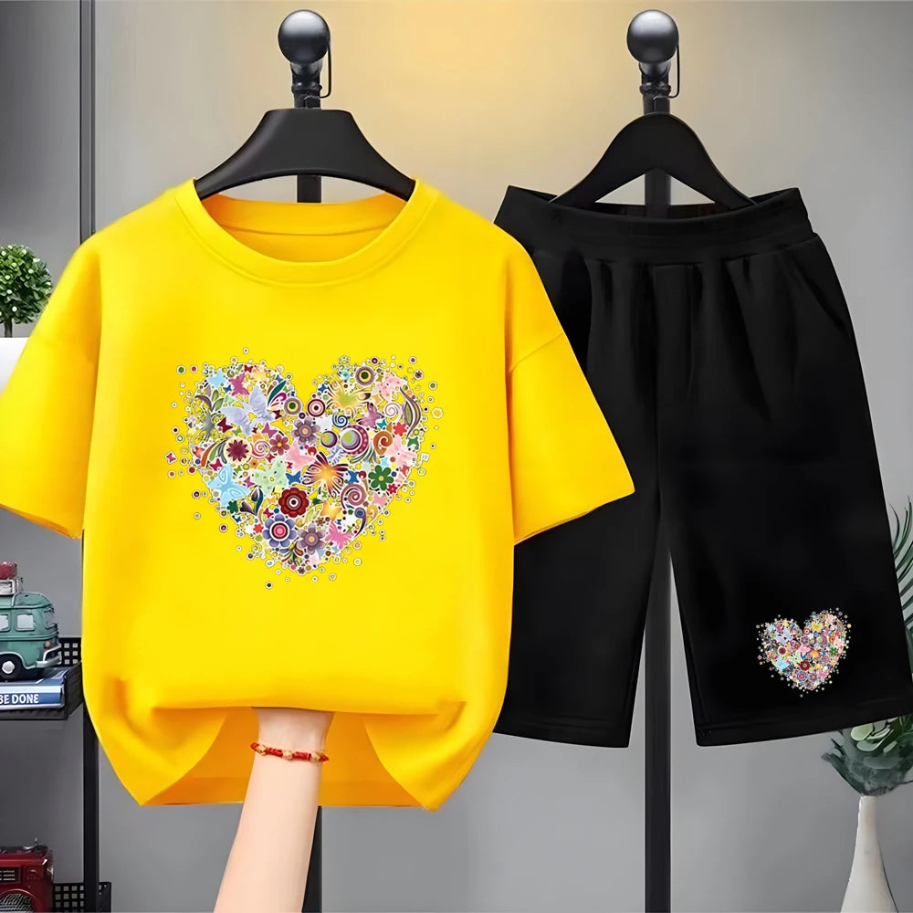Children white Floral heart-shaped print Summer Clothing Tshirt+Shorts Girl Toddler 3-12Yrs Short-Sleeved cool leisure Set