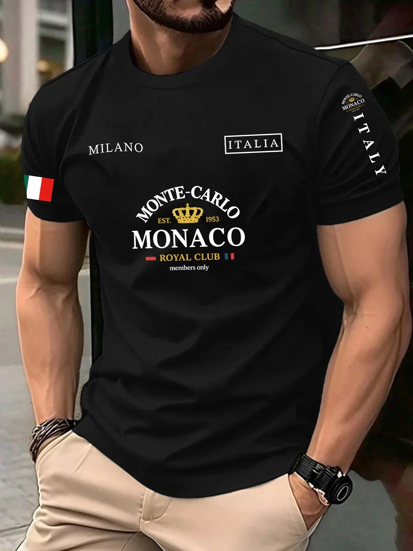 Best-selling Monaco Letter Flag Print 100% Cotton Men's and Women's T-Shirt - Casual Loose-Fitting Street Short Sleeve