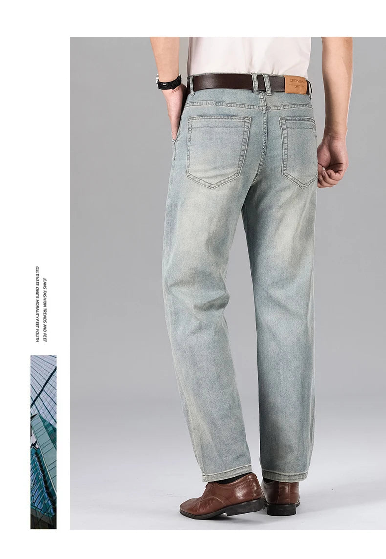 2026 Summer Brand Men's New Straight Leg Loose Lightweight Denim Jeans Classic Badge Business Casual Stretch Thin Retro Pants