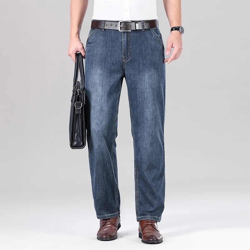 2026 Summer Brand Men's New Straight Leg Loose Lightweight Denim Jeans Classic Badge Business Casual Stretch Thin Retro Pants