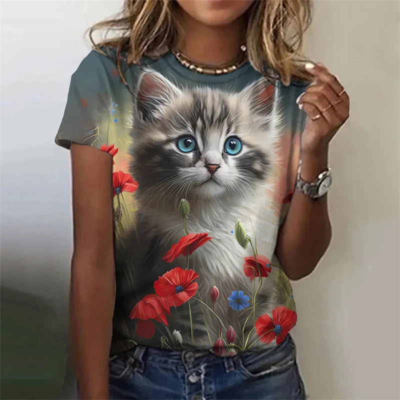 New Funny Cat 3D Print Women's Kawaii T Shirt Female Harajuku Casual Clothing Ladies Fashion Cute Animal Graphic Tees Girls Tops