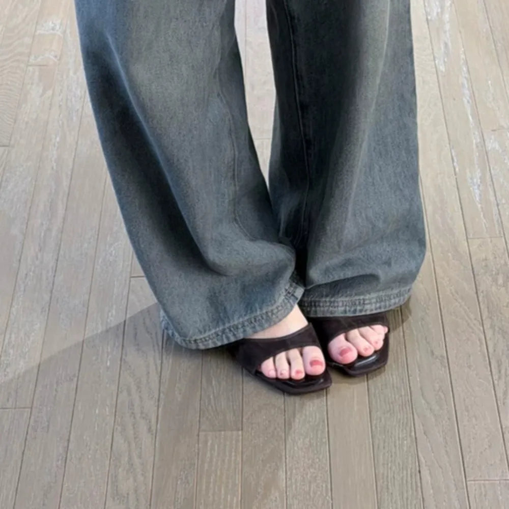 2026 Summer Women Heels Sandals Square Toe Open Toe Comfy Casual Slides Ladies Brown Fashion Women Kitten Heel Slippers