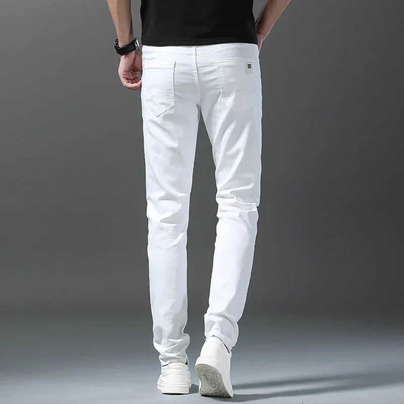 2025 Spring Summer New 98%Cotton Men's Slim Jeans Straight Casual Fashion Pencil Pants High Quality Trousers Male Clothes White