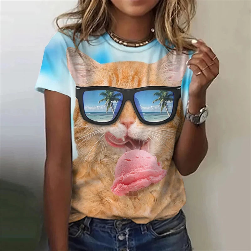 New Funny Cat 3D Print Women's Kawaii T Shirt Female Harajuku Casual Clothing Ladies Fashion Cute Animal Graphic Tees Girls Tops