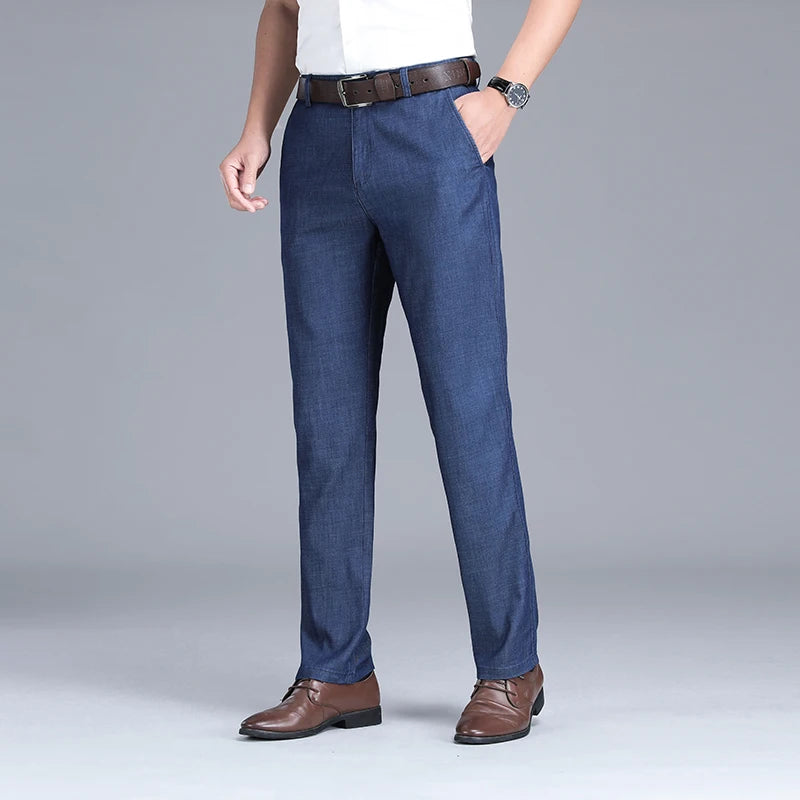 2024 New Men's Summer Thin Jeans Loose Stretch Large Size Ice Silk Straight Pants Elite Business Casual Pants Smoke Gray Blue