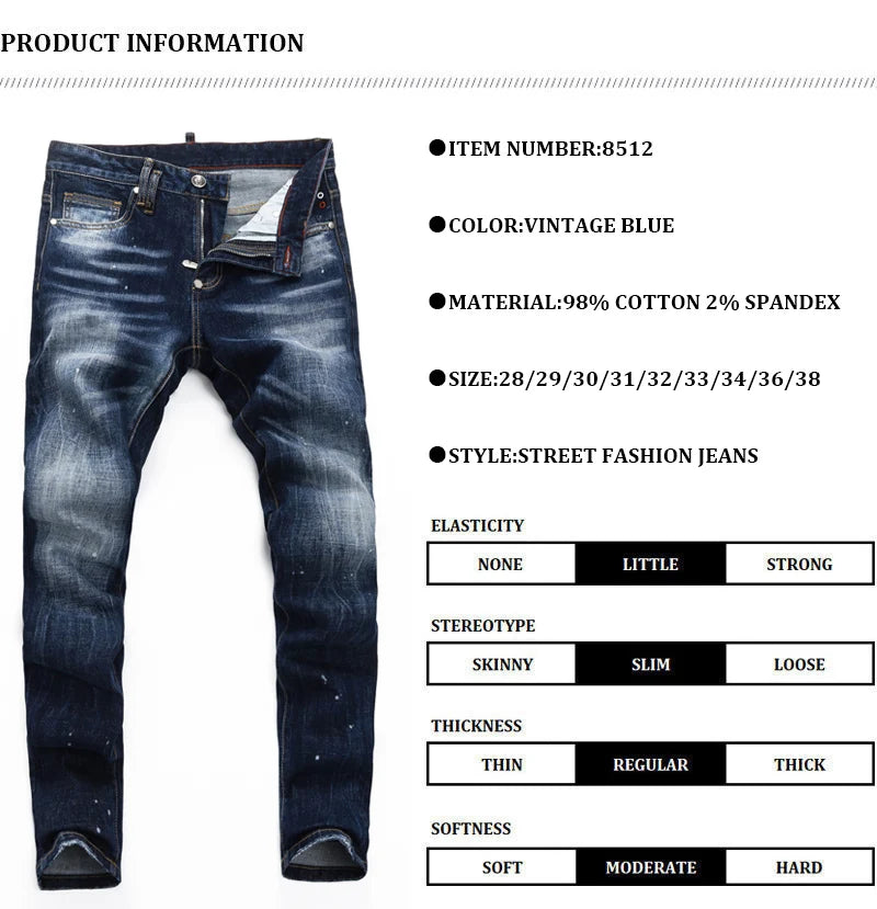 Designer Fashion New Men's Jeans Wrinkle Paint Dots Wrinkle Wash Nostalgic Stretch Slimming Blue Jeans High Street Hip Hop Brand