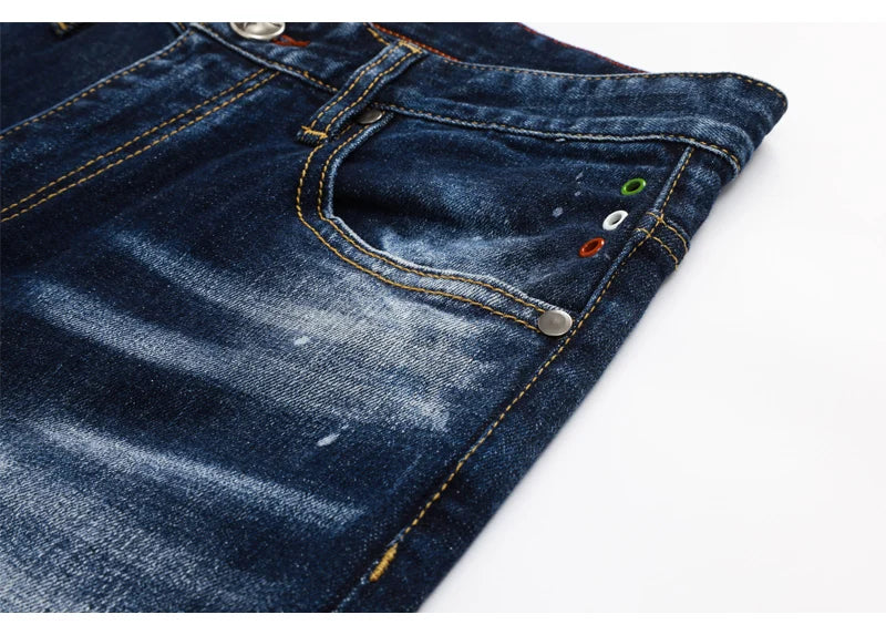 Designer Fashion New Men's Jeans Wrinkle Paint Dots Wrinkle Wash Nostalgic Stretch Slimming Blue Jeans High Street Hip Hop Brand