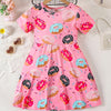 Pink cute donut full print short sleeved round neck girl's dress