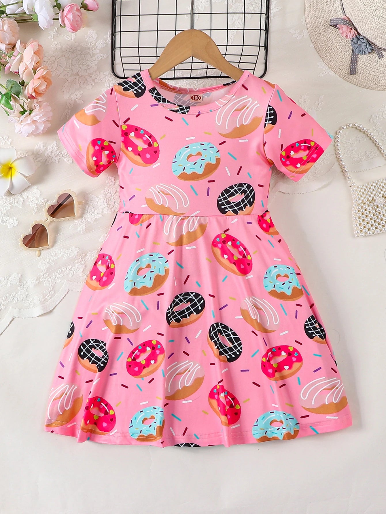 Pink cute donut full print short sleeved round neck girl's dress