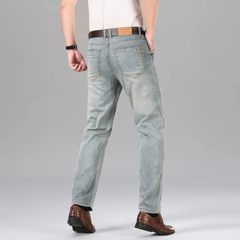 2026 Summer Brand Men's New Straight Leg Loose Lightweight Denim Jeans Classic Badge Business Casual Stretch Thin Retro Pants