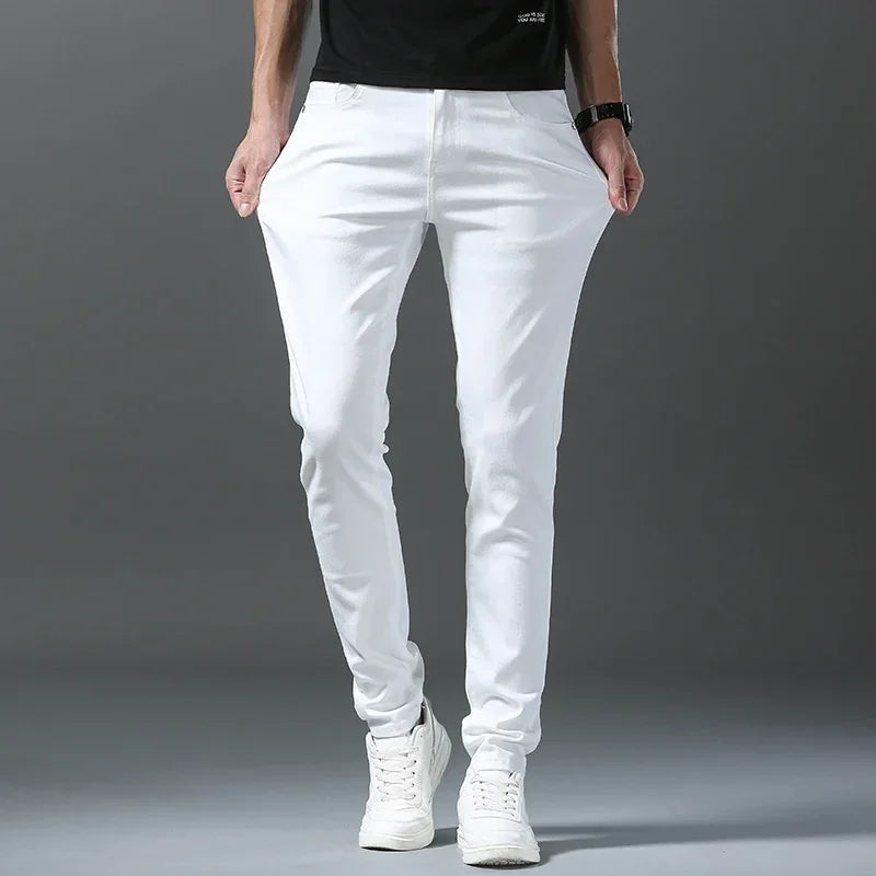 2025 Spring Summer New 98%Cotton Men's Slim Jeans Straight Casual Fashion Pencil Pants High Quality Trousers Male Clothes White