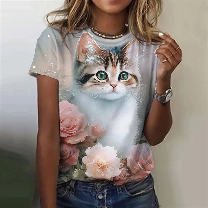 New Funny Cat 3D Print Women's Kawaii T Shirt Female Harajuku Casual Clothing Ladies Fashion Cute Animal Graphic Tees Girls Tops