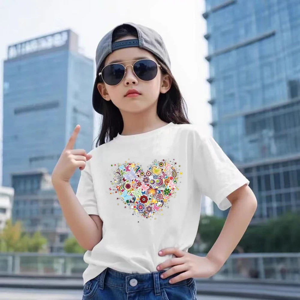 Children white Floral heart-shaped print Summer Clothing Tshirt+Shorts Girl Toddler 3-12Yrs Short-Sleeved cool leisure Set