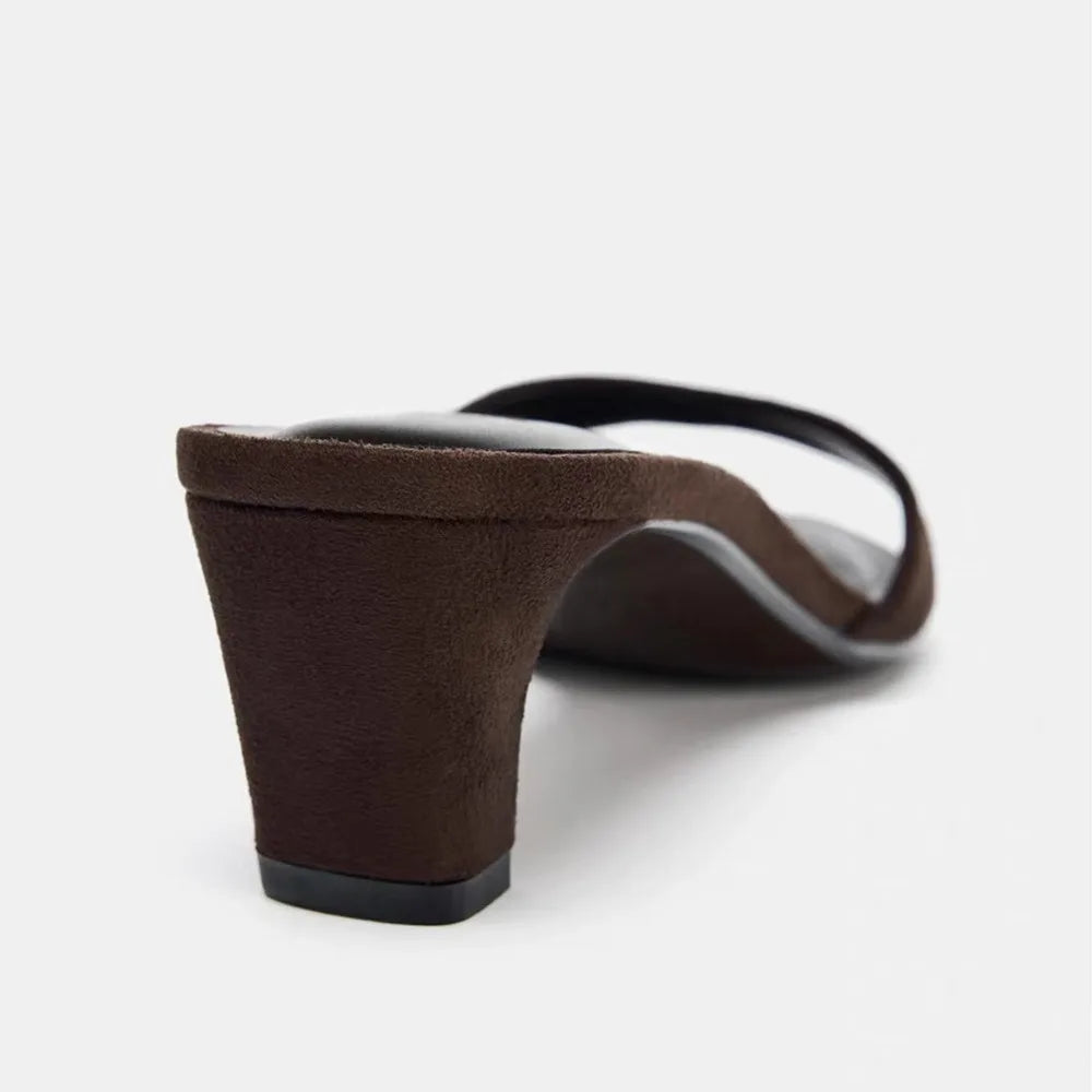 2026 Summer Women Heels Sandals Square Toe Open Toe Comfy Casual Slides Ladies Brown Fashion Women Kitten Heel Slippers