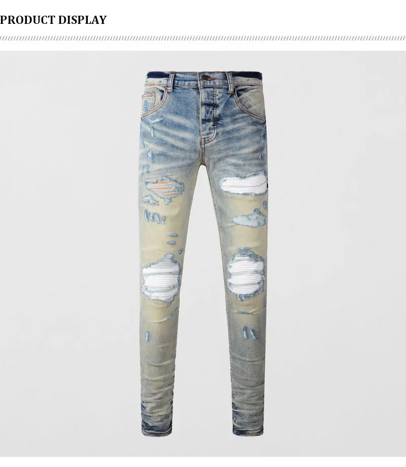 Designer High Street Fashion New Light Blue Men's Jeans Stretch Slimming White Leather Patch Hip Hop Brand Pants HombreY2K