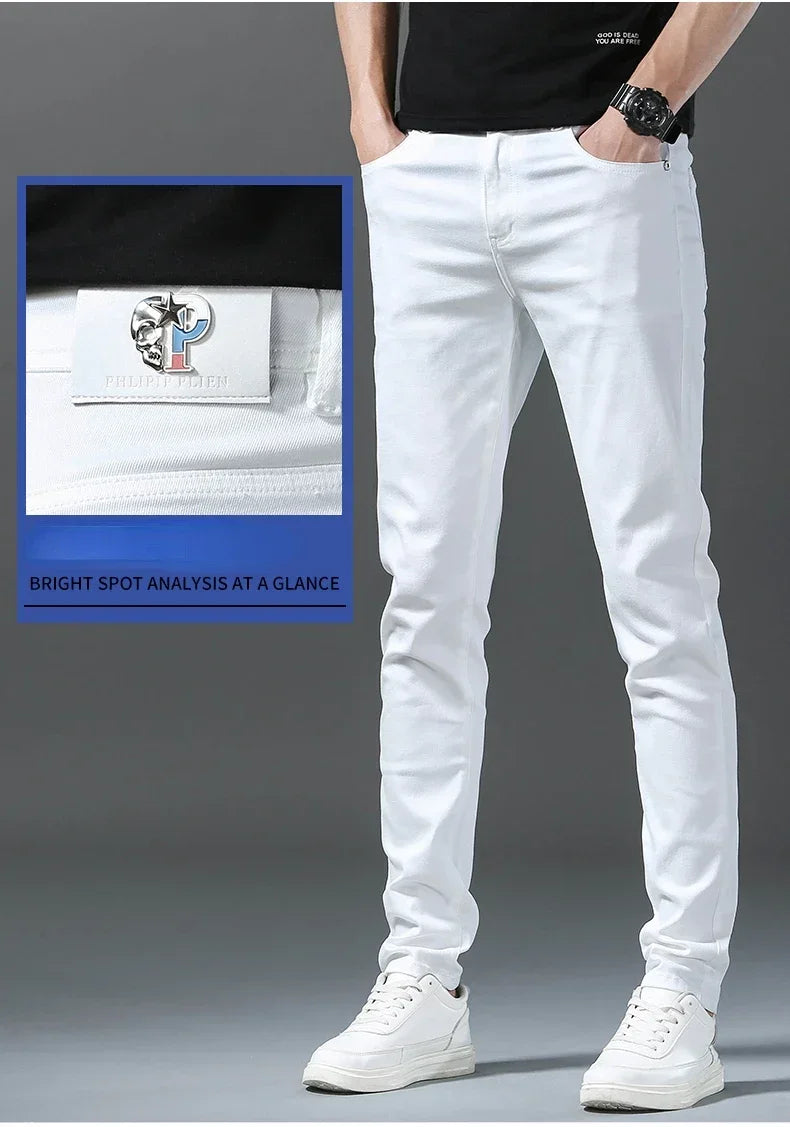 2025 Spring Summer New 98%Cotton Men's Slim Jeans Straight Casual Fashion Pencil Pants High Quality Trousers Male Clothes White