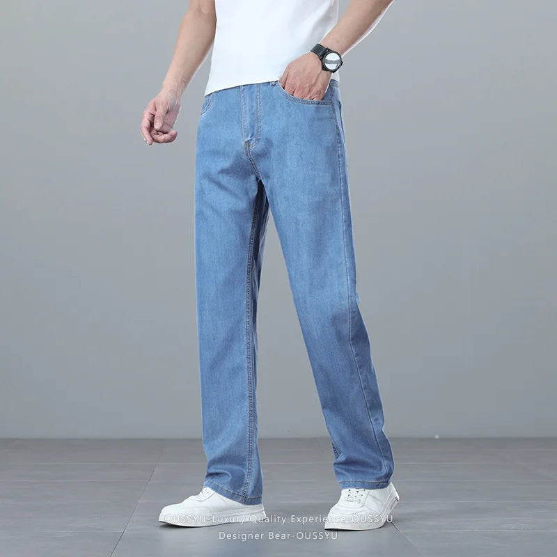 Brand Clothing Summer Lyocell Ultra-thin Men's Jeans Business Straight Denim Pants Cool Ice Silk Casual Trousers Man Plus Size