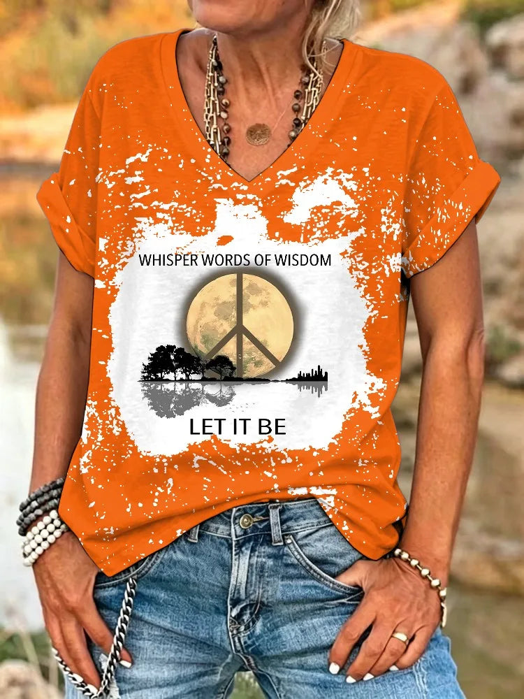 ilstile Women's What A Wonderful World Life Tree Bleached T-Shirt Boho Hippie Print V-Neck Short Sleeve Loose Casual Top