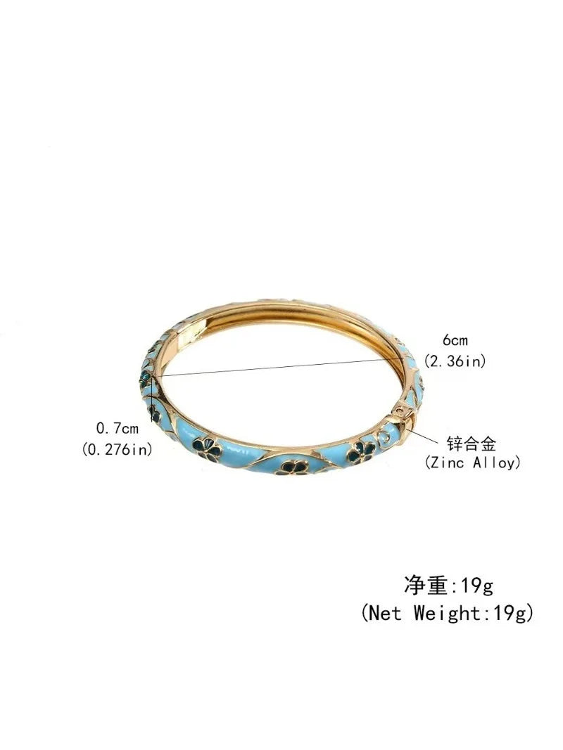 Colorful Enamel Floral Bangle Bracelet Retro Gold-Tone Open Cuff, Elegant Dainty Jewelry For Women Gifts