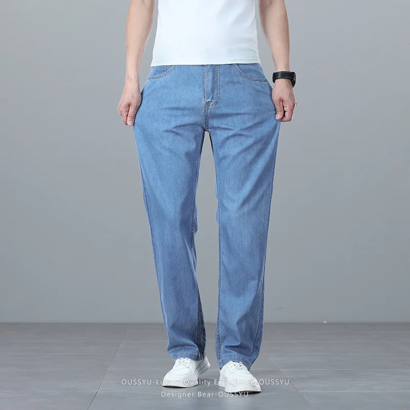 Brand Clothing Summer Lyocell Ultra-thin Men's Jeans Business Straight Denim Pants Cool Ice Silk Casual Trousers Man Plus Size