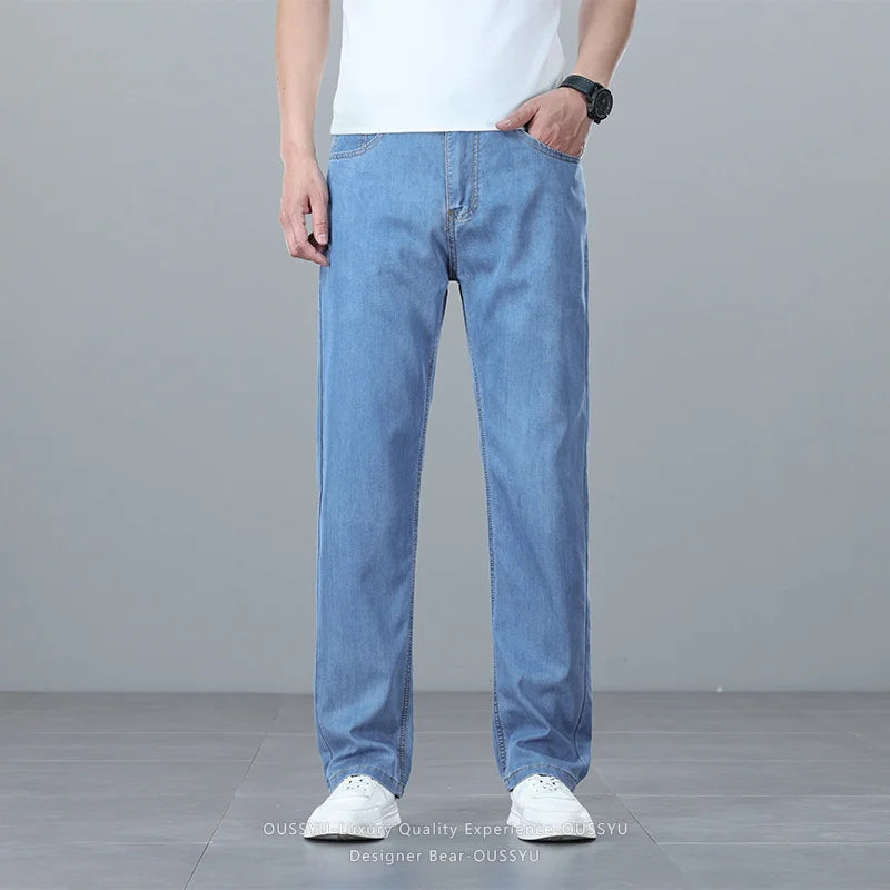 Brand Clothing Summer Lyocell Ultra-thin Men's Jeans Business Straight Denim Pants Cool Ice Silk Casual Trousers Man Plus Size