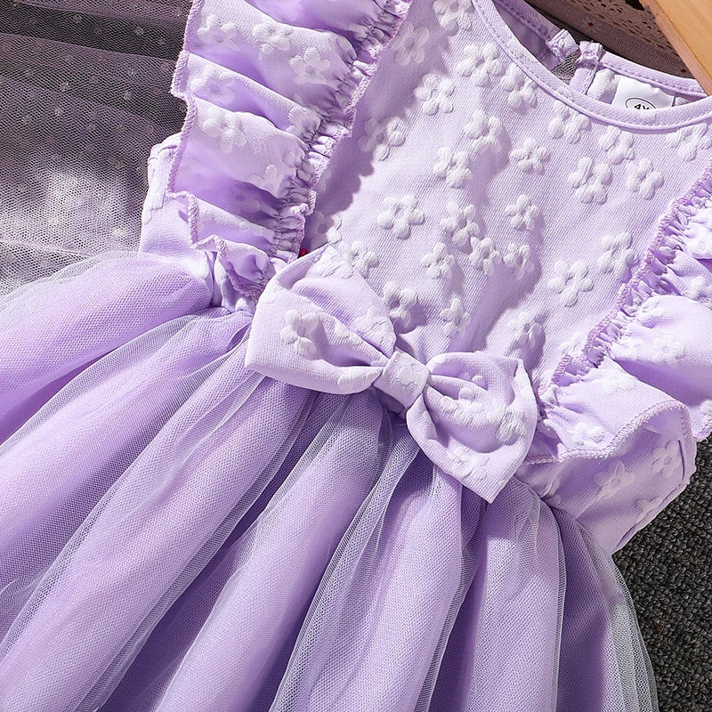 Kids Princess Dress For Girls O-Neck Wing-Sleeve Bowknot Floral Print Embroidery 4-7 Years Summer Sweet Birthday Party Clothing