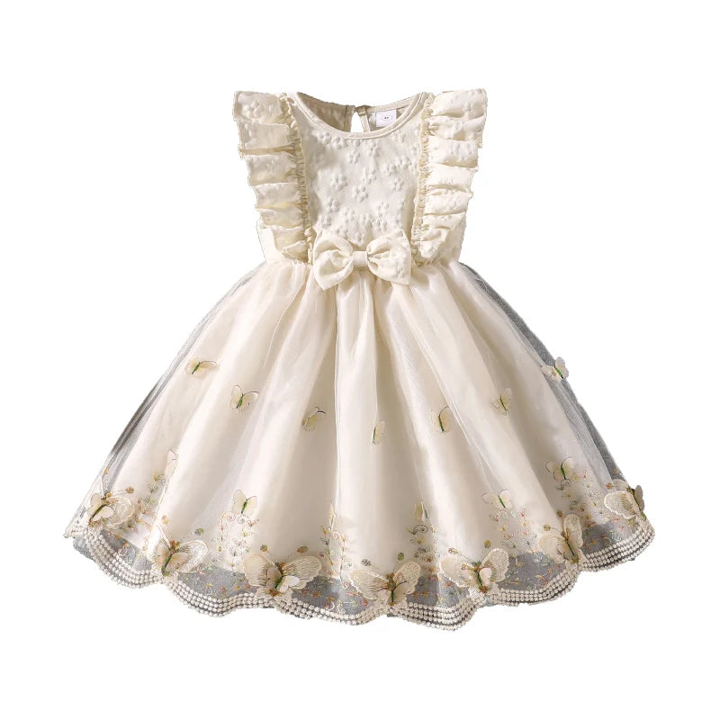 Kids Princess Dress For Girls O-Neck Wing-Sleeve Bowknot Floral Print Embroidery 4-7 Years Summer Sweet Birthday Party Clothing