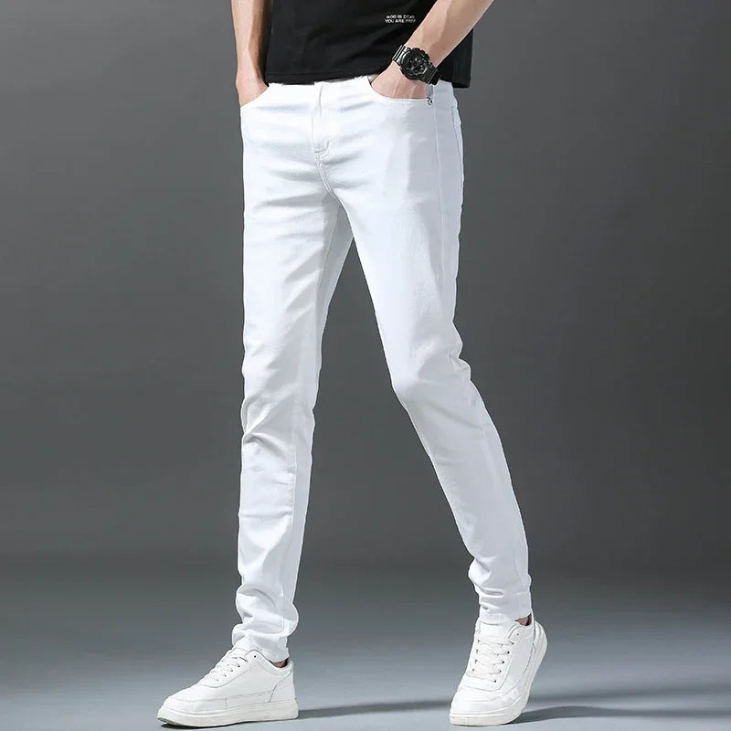 2025 Spring Summer New 98%Cotton Men's Slim Jeans Straight Casual Fashion Pencil Pants High Quality Trousers Male Clothes White