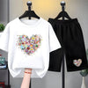 Children white Floral heart-shaped print Summer Clothing Tshirt+Shorts Girl Toddler 3-12Yrs Short-Sleeved cool leisure Set