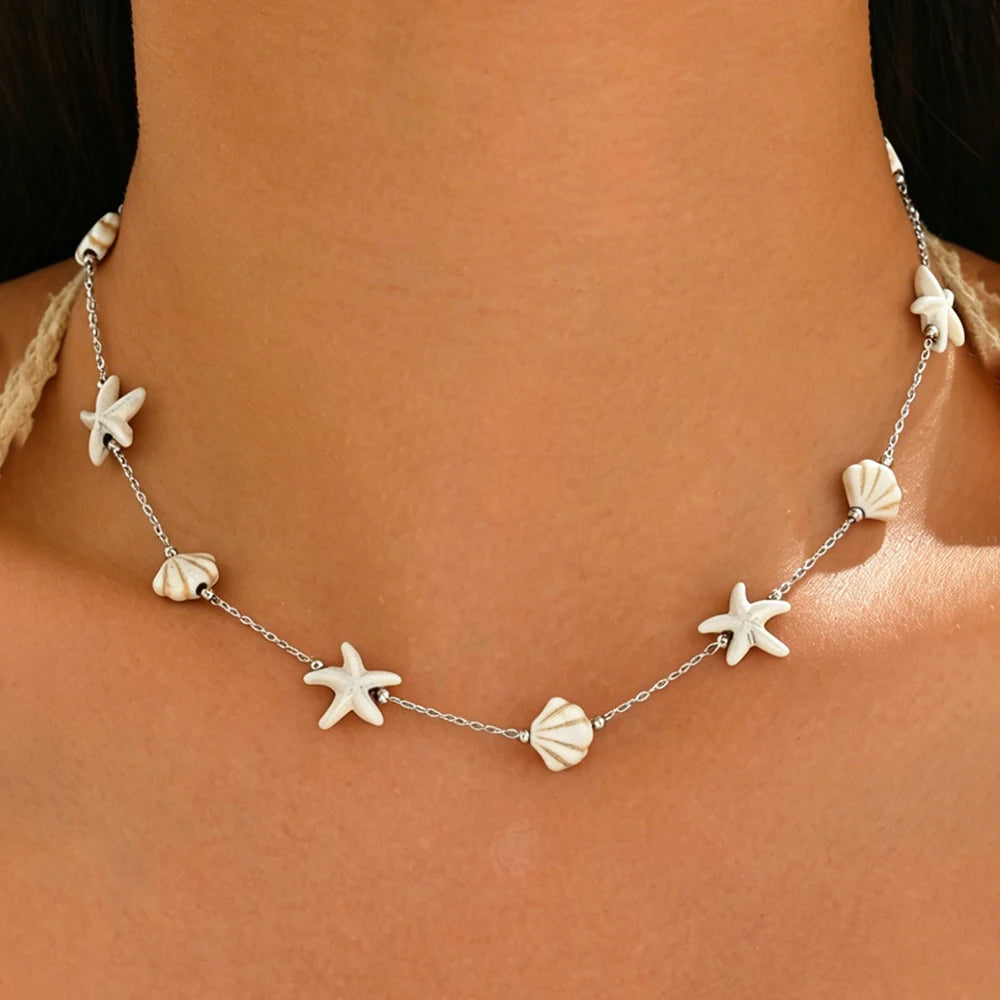 Stainless Steel Starfish Shell Choker Necklace Boho Beach Summer Vacation Jewelry for Women Daily Casual Wear