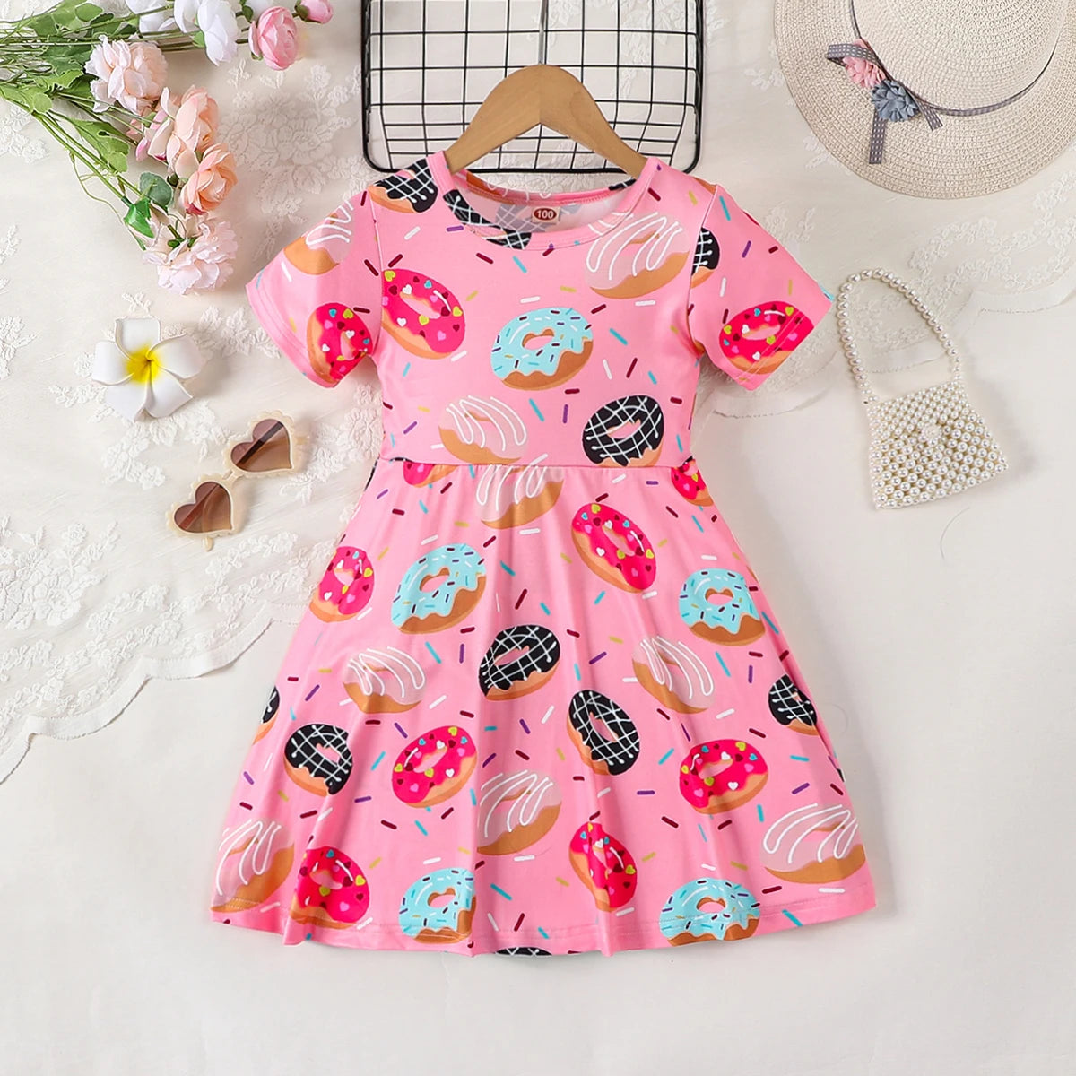 Pink cute donut full print short sleeved round neck girl's dress