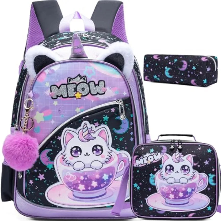 Cute School Backpack for Girls Backpack with Lunch Box for Elementary Students Travel Bookbag for Girls Ages 6-8